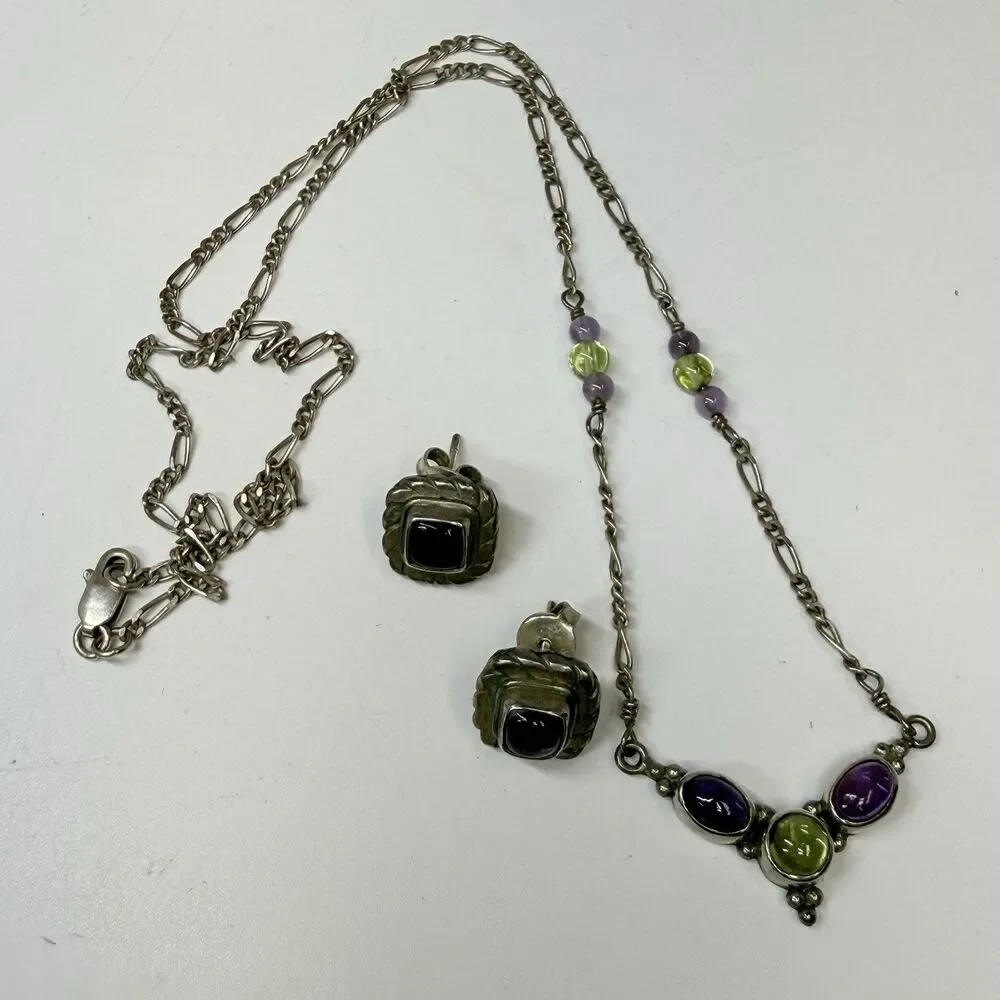 Sterling Silver Amethyst Peridot Pendant Necklace & Matching Stud Earring Set